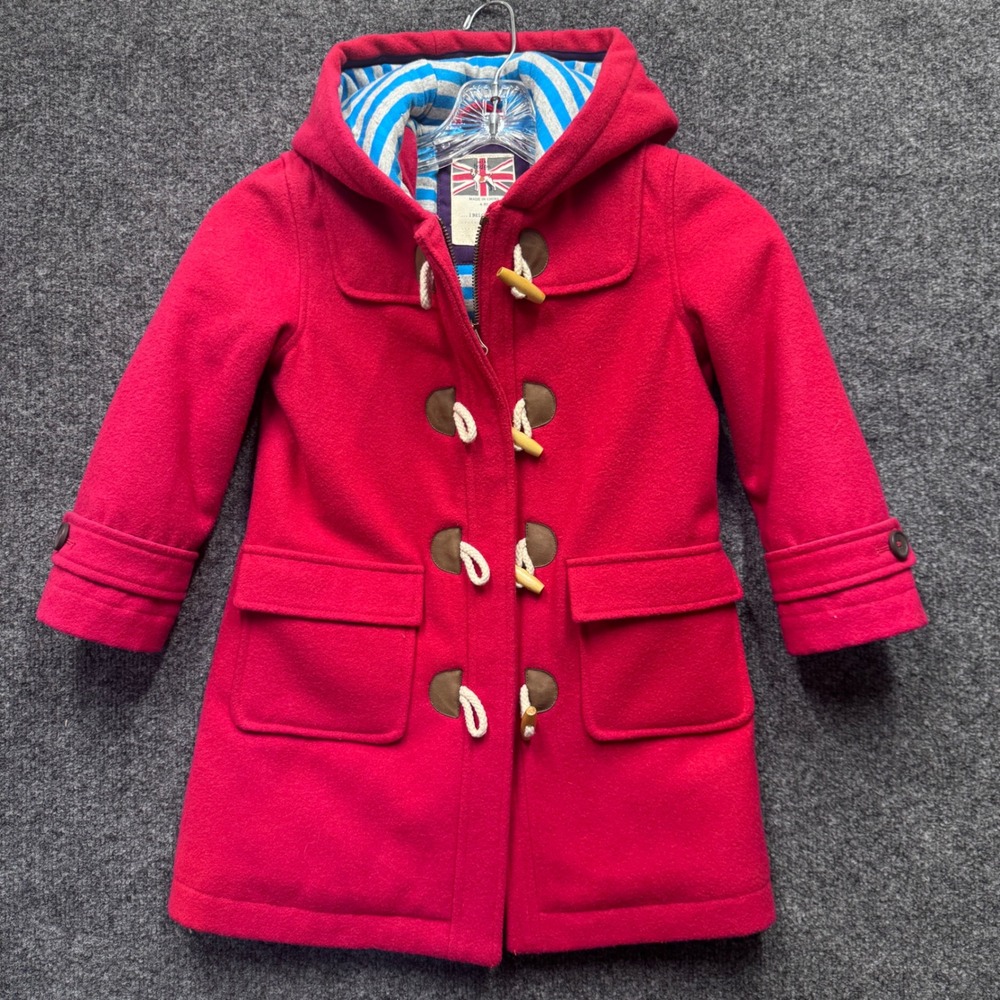Mini Boden Duffle Coat Kids 4-5Y Pink Wool Blend Toggle Hooded Classic Preppy